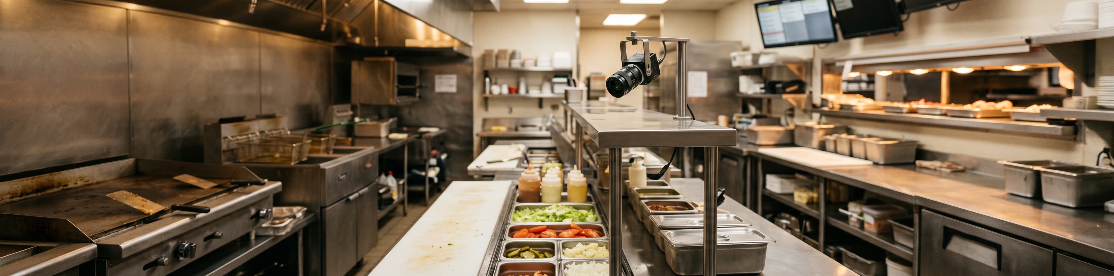 A modular QSR kitchen with cameras at chosen stations
